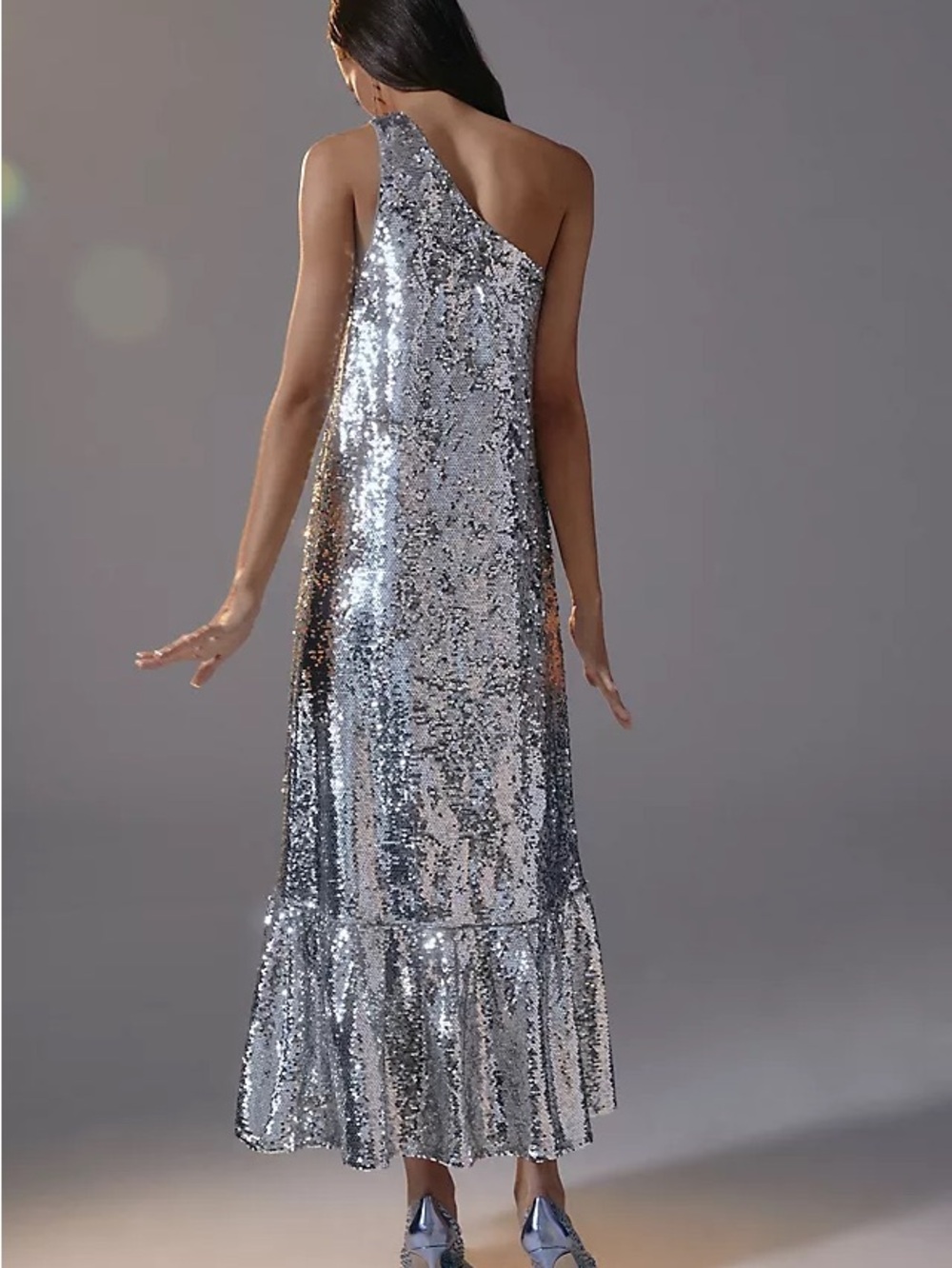 $230 NWT Anthropologie Silver One-Shoulder Sequin Maxi Dress